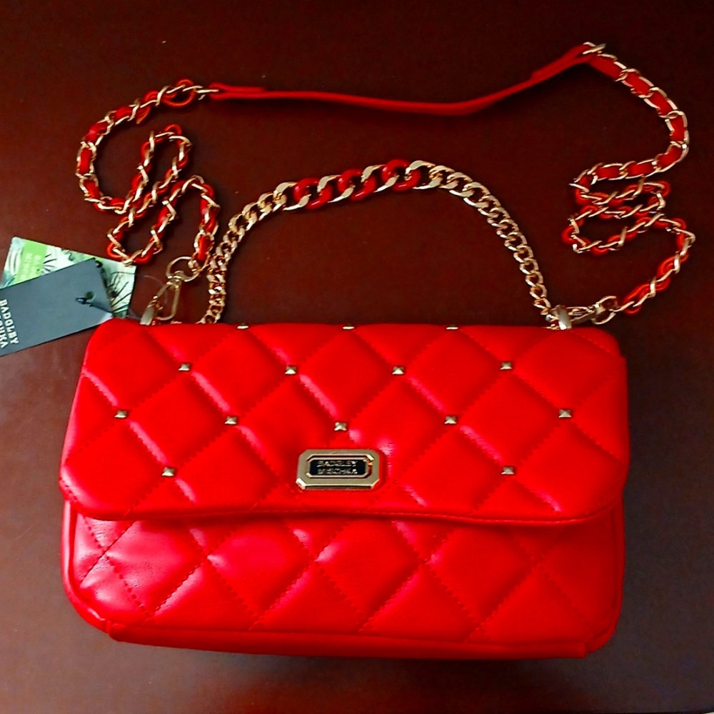 BADGLEY MISCHKA RED QUILTED CROSSBODY STUDDED BAG NWT